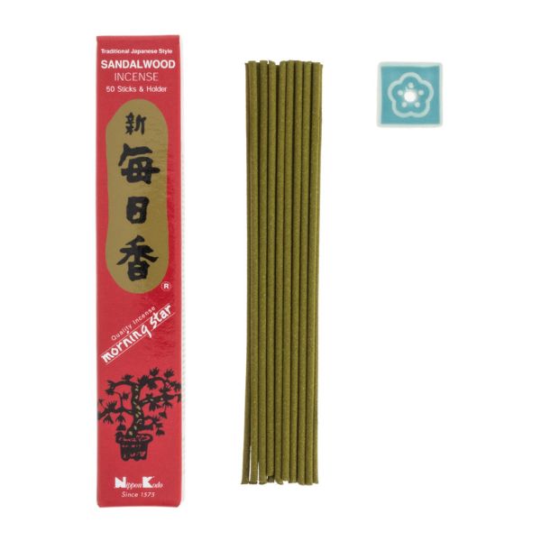 Nippon Kodo Morning Star Incenso Al Legno Di Sandalo – 50 Bastoncini Con Incensiere In Ceramica, Aroma Rilassante, Giapponese, Poco Fumo, 25 Min