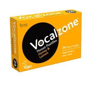 a pack of Vocalzone Throat pastilles Honey and Lemon